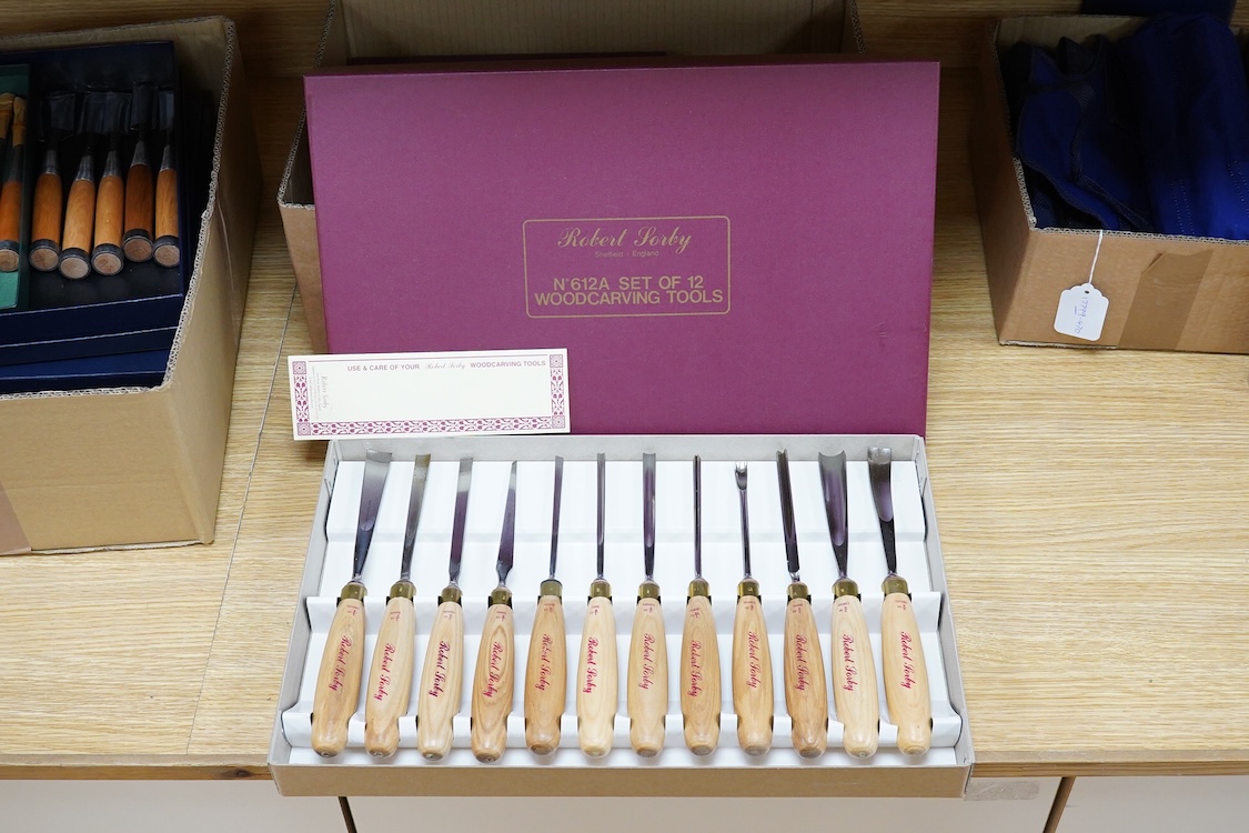 Three sets of Robert Sorby wood carving chisels, comprising a 12-piece set (No.612A), a 6-piece set (No.606), and a wooden case 12-piece micro carving set, all contained within fitted card boxes